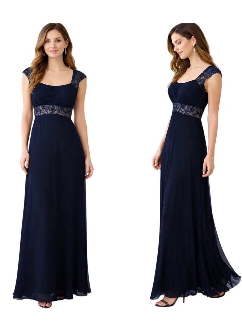 Tadashi Shoji Navy Lace-Trim Empire Waist Maxi Dress